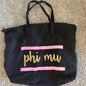 Phi Mu Black Tote Bag with Pink and Gold Accents